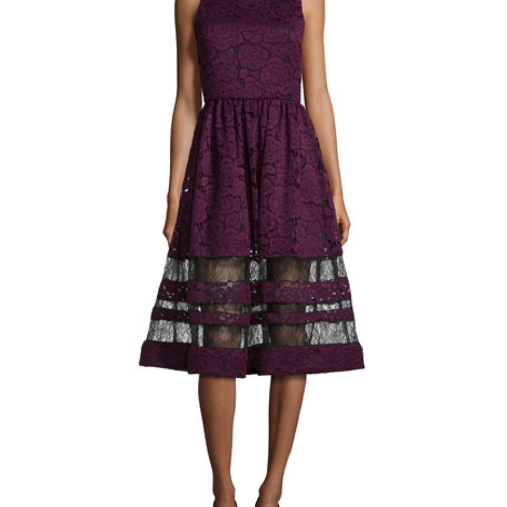 Alice + Olivia Odelia Plum and Black Lace Midi Dress